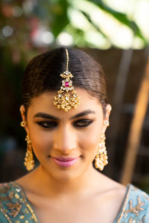 Red Kundan Jadai Maang Tikka with Pearls