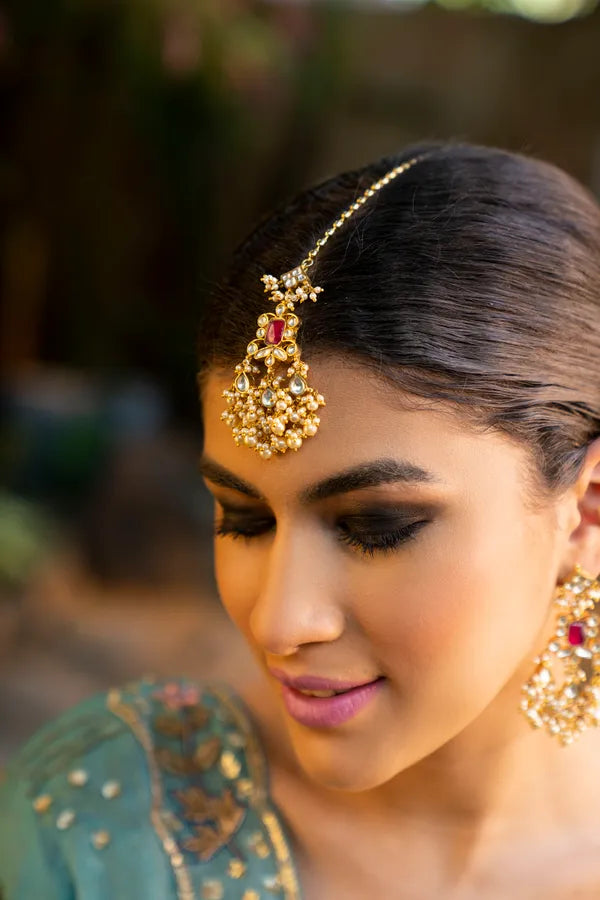 Red Kundan Jadai Maang Tikka with Pearls