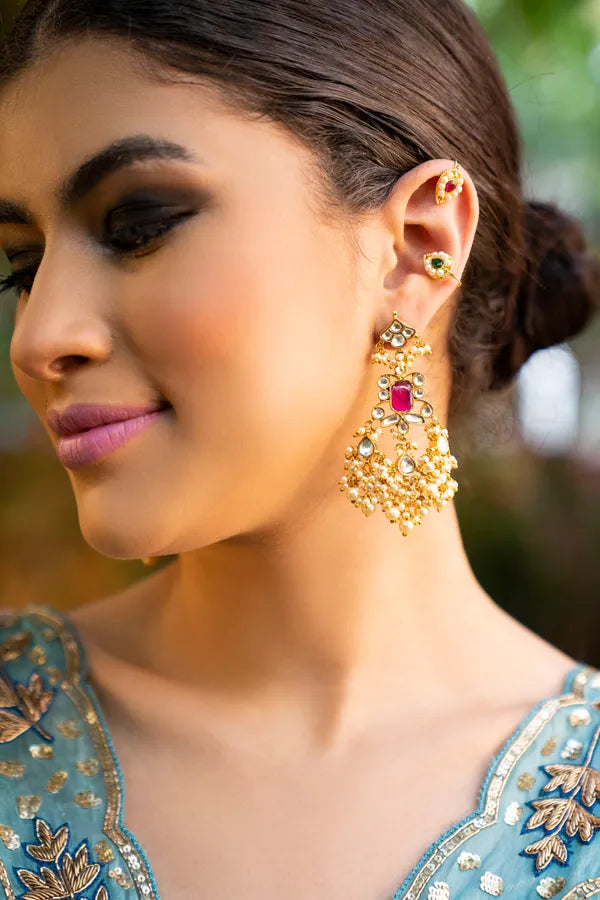 Red Kundan Jadai Earrings with Pearls