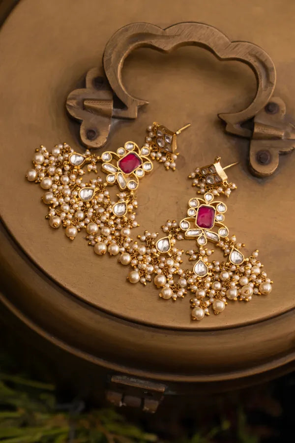 Red Kundan Jadai Earrings with Pearls