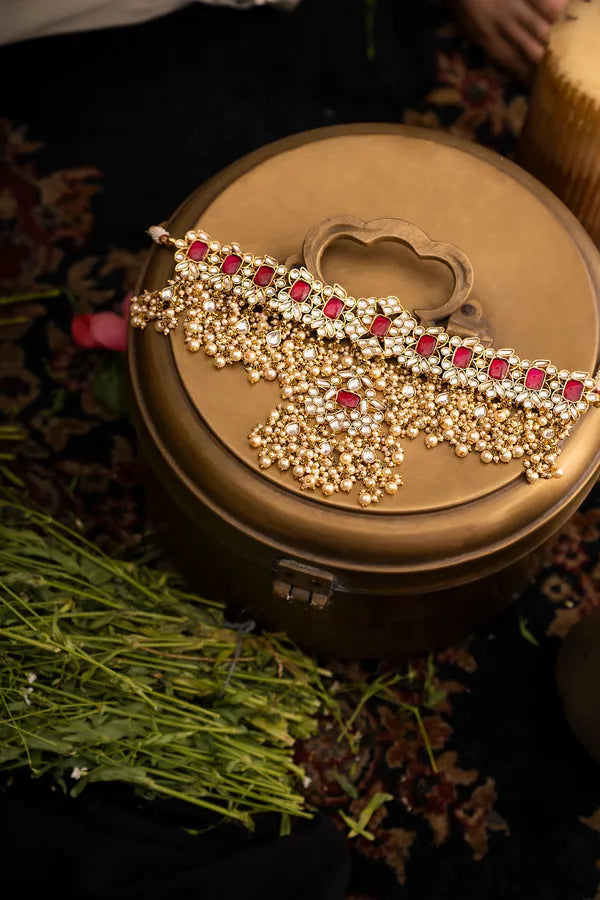 Statement Red Kundan Jadai Necklace Choker with Pearls