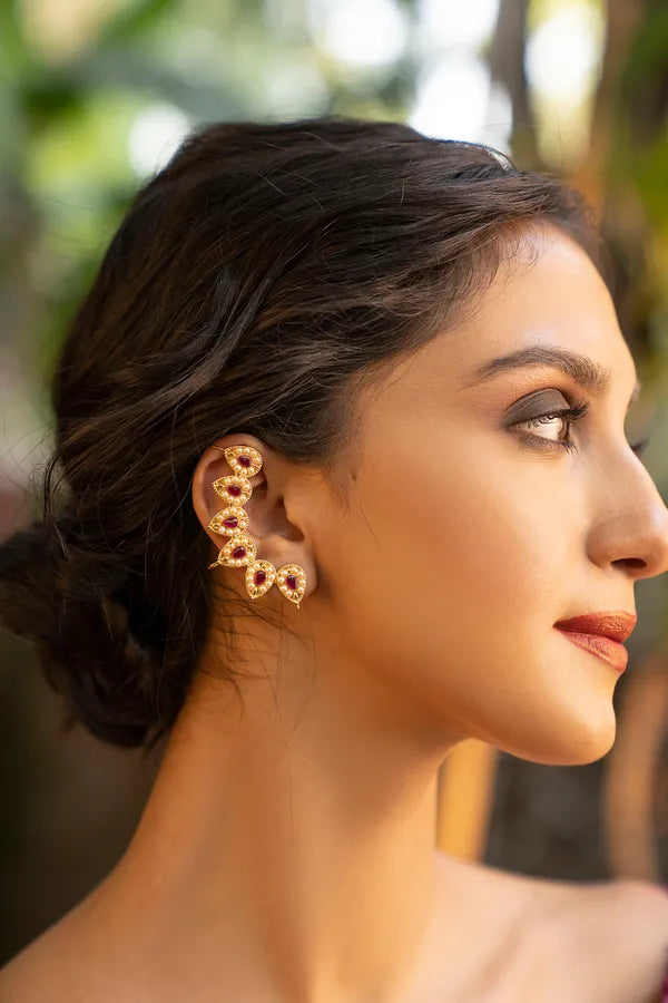 Red Kundan Earcuff Earrings With Pearls