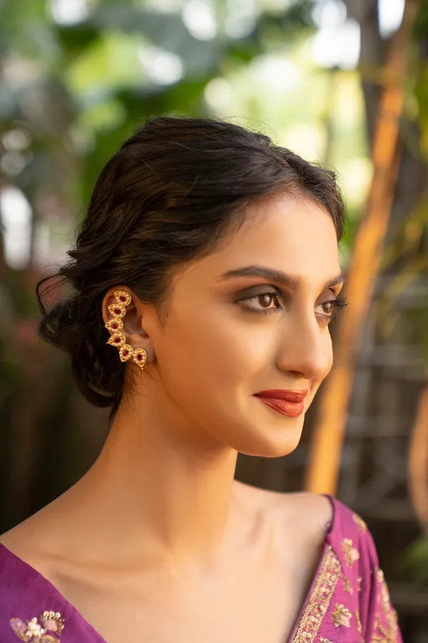 Red Kundan Earcuff Earrings With Pearls