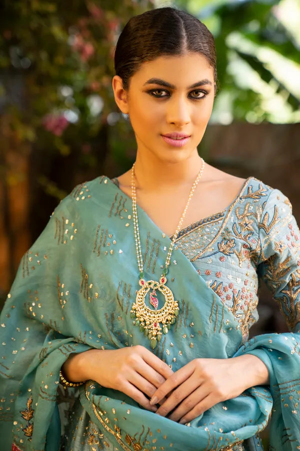 Red Kundan Jadai Pendant Necklace With Green Drops