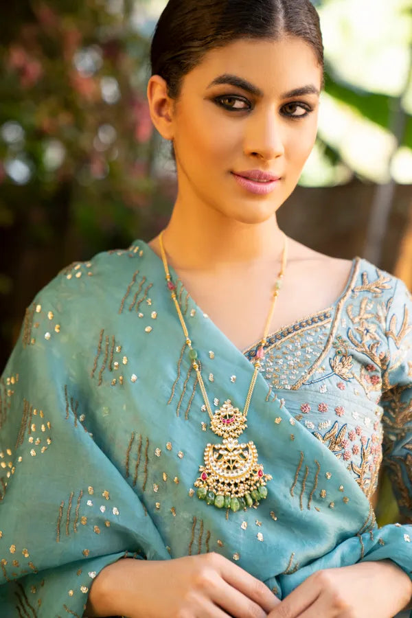 Red Kundan Gold & White Necklace With Green Drops