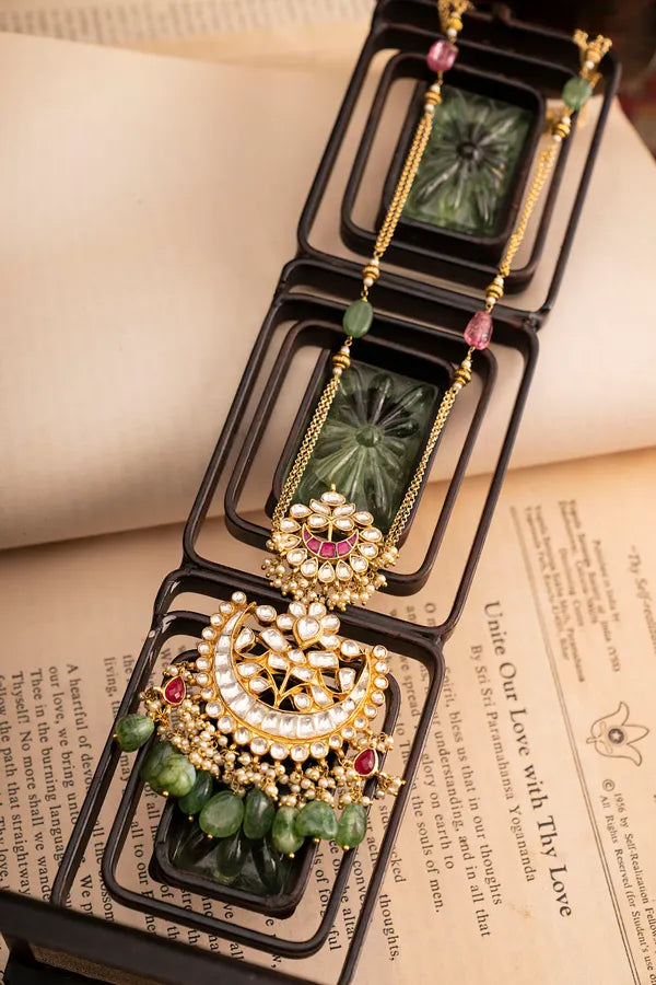 Red Kundan Gold & White Necklace With Green Drops
