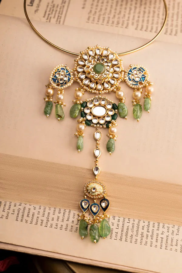 Green Center Gold & Blue Meenakari Green Drops Hasli Pendant Necklace