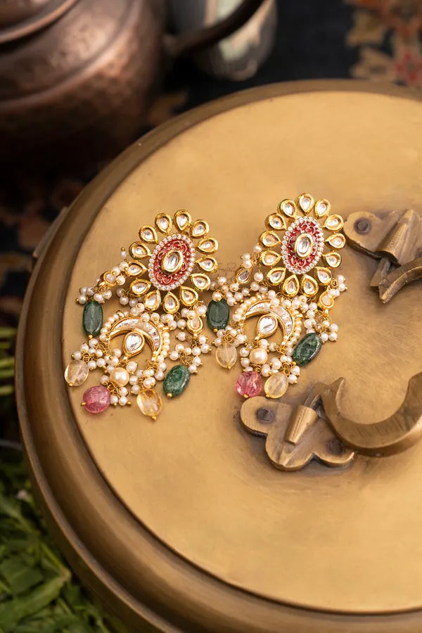 Red Meena Kundan Earrings With Green & Yellow Drops