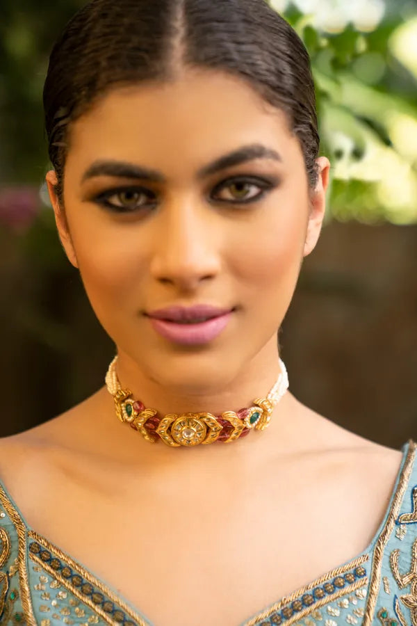 Gold Finish Kundan Tourmaline Drops Choker Necklace