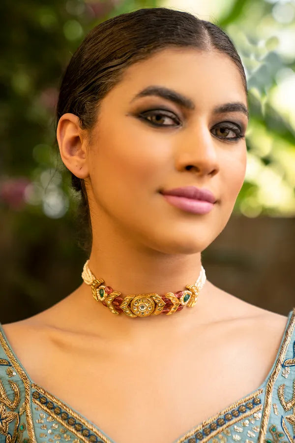 Gold Finish Kundan Tourmaline Drops Choker Necklace