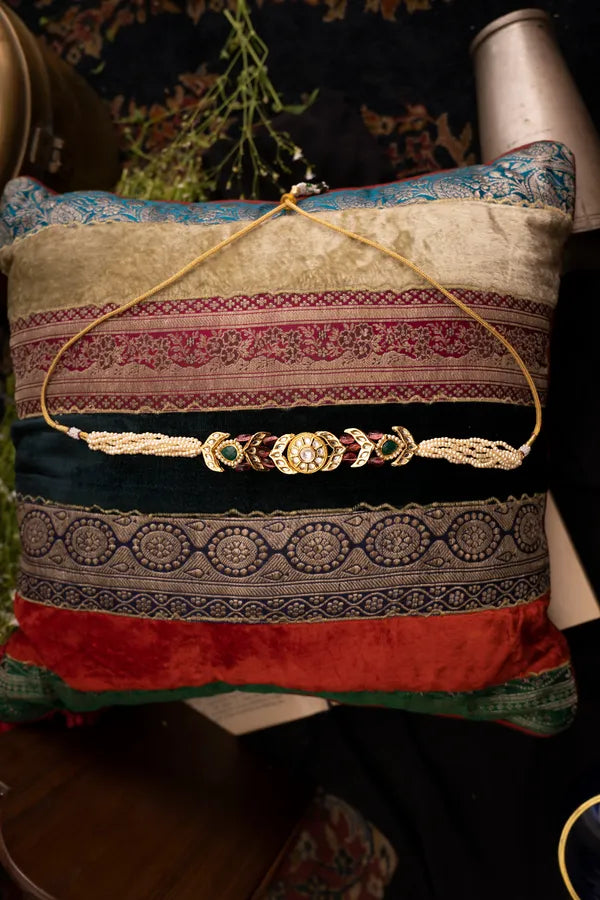 Gold Finish Kundan Tourmaline Drops Choker Necklace