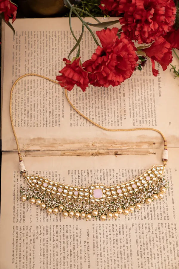 Pink Rose Quartz Kundan Choker Necklace With Pearl Drops