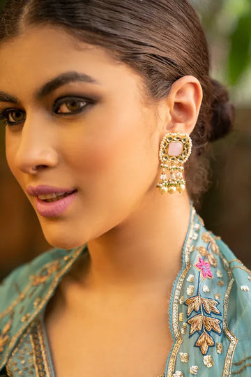 Pink Rose Quartz Kundan Earrings With Pearl Drops