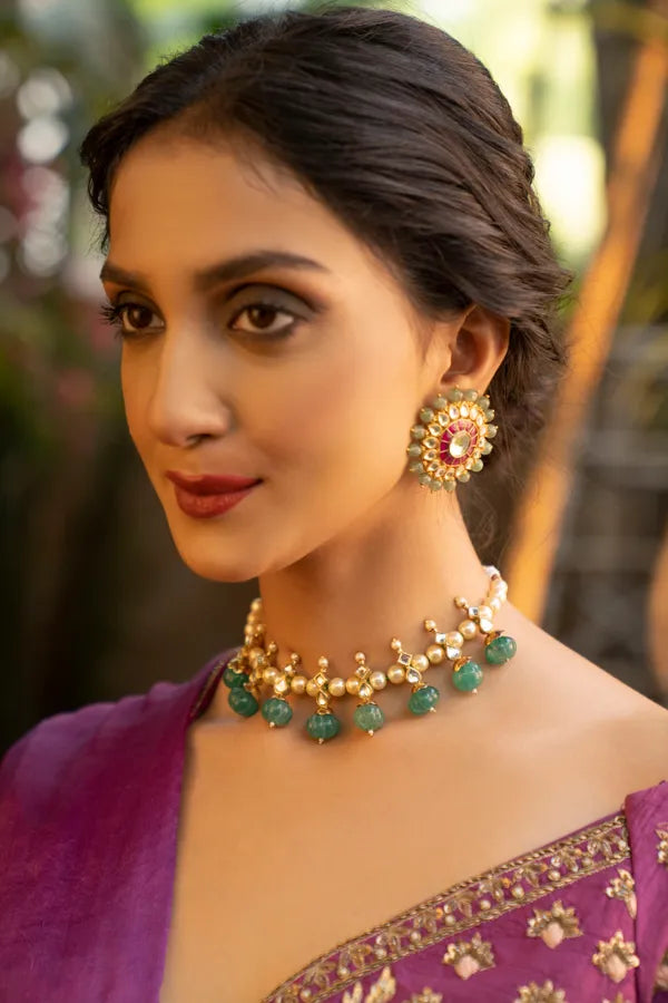Gold & White Round Pink Kundan Studs Earrings With Green Stones