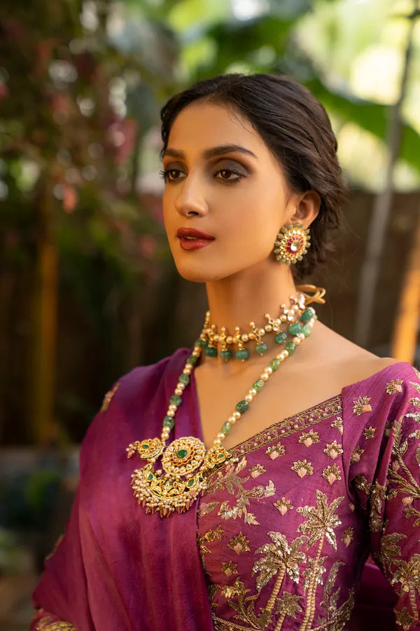 Gold & White Round Pink Kundan Studs Earrings With Green Stones