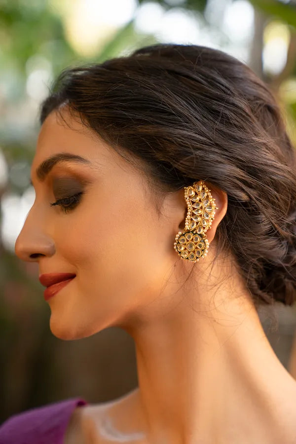 Gold & White Green Kundan Meenakari Pearls Earcuffs