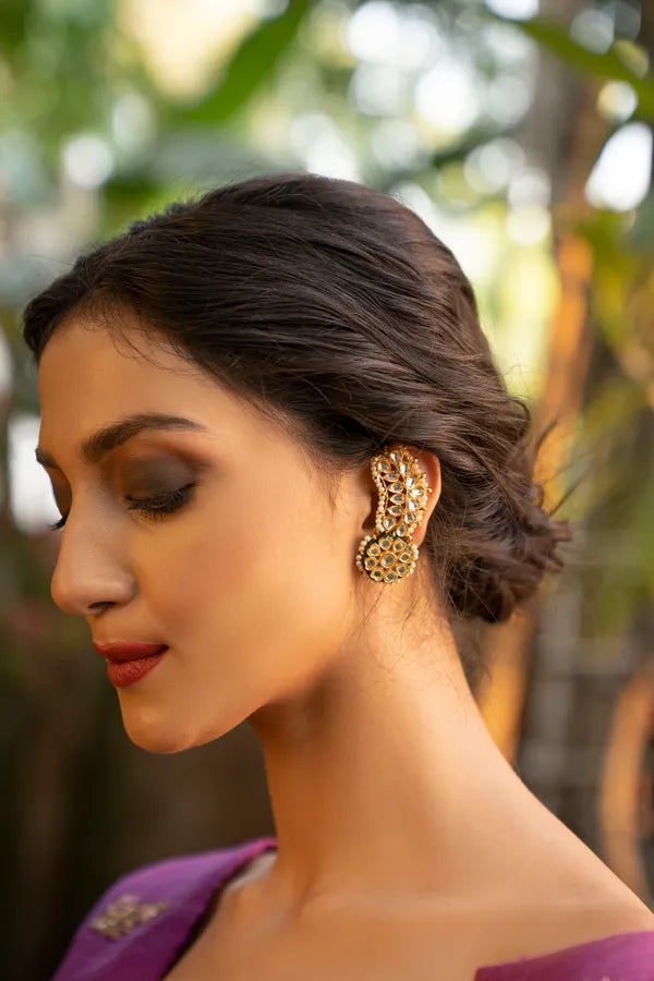 Gold & White Green Kundan Meenakari Pearls Earcuffs