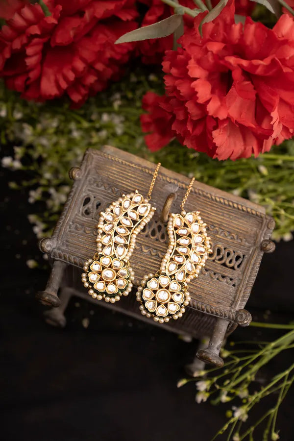 Gold & White Green Kundan Meenakari Pearls Earcuffs