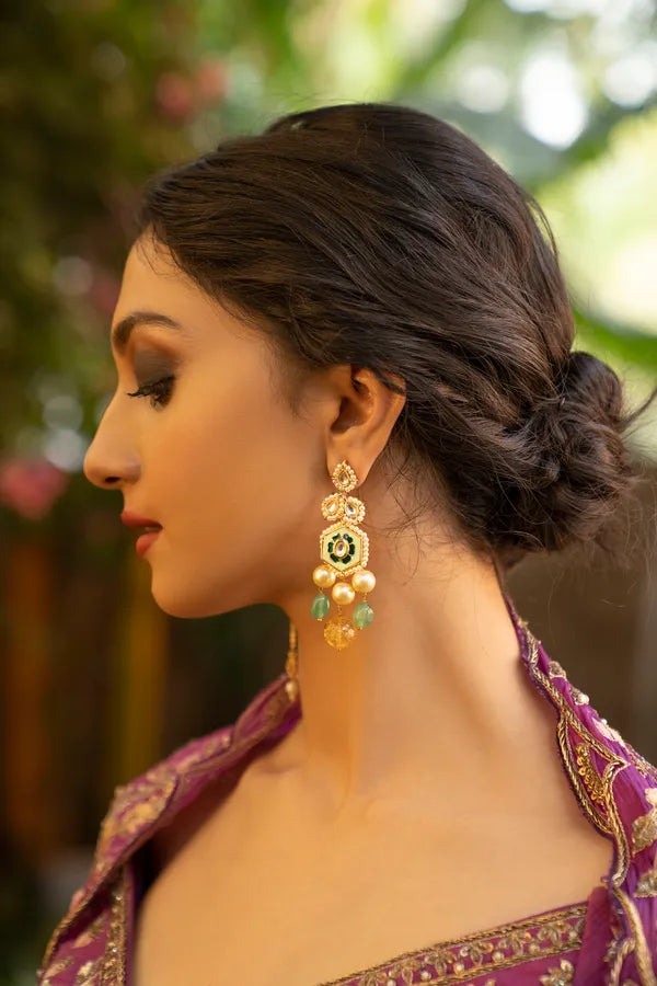 Pastel Green Meena Pearl Earrings With Pink & Green Drops