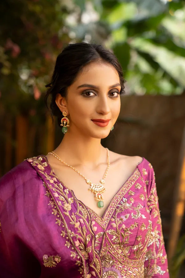 Gold Finish Red Chand Green Drop Kundan Pendant Necklace