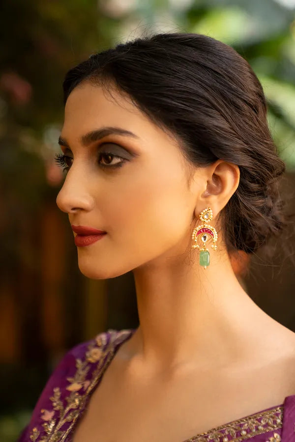 Gold Finish Red Kundan Chand Green Drop Earrings