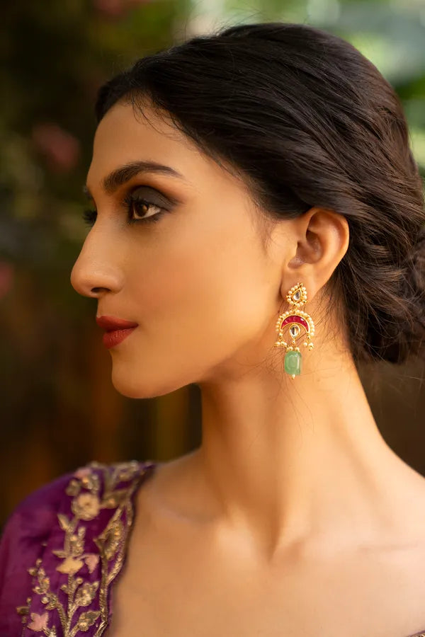 Gold Finish Red Kundan Chand Green Drop Earrings