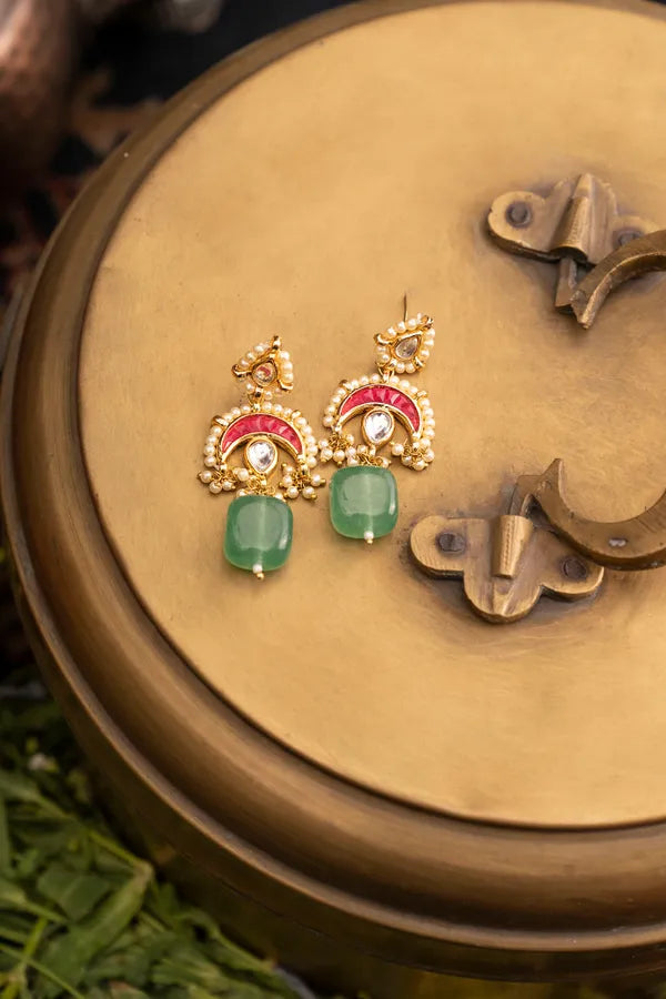 Gold Finish Red Kundan Chand Green Drop Earrings