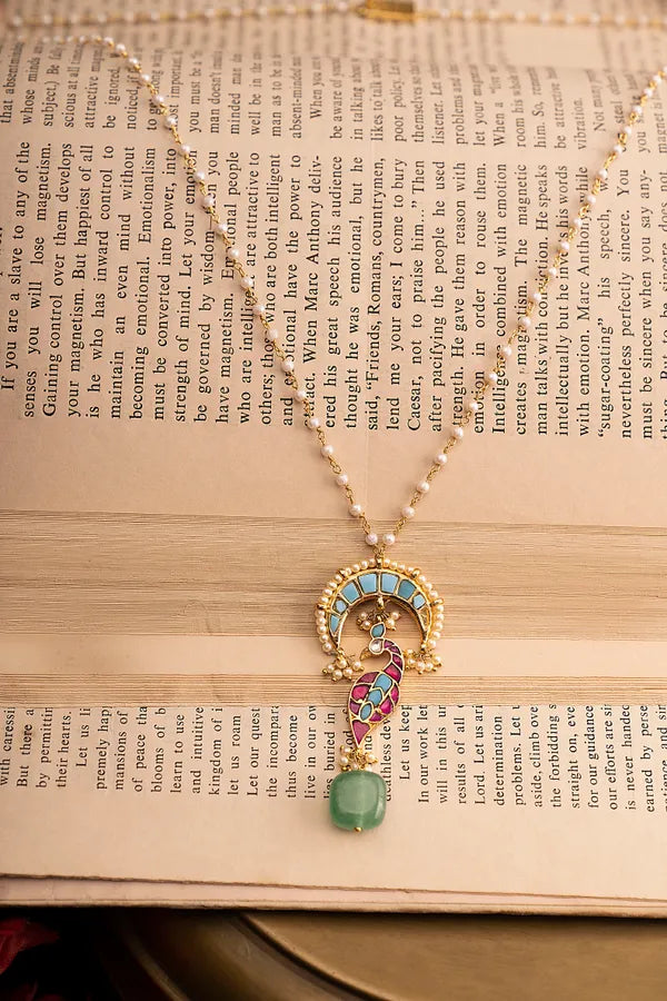 Feroza Chand Red Kundan Green Drop Pendant Necklace