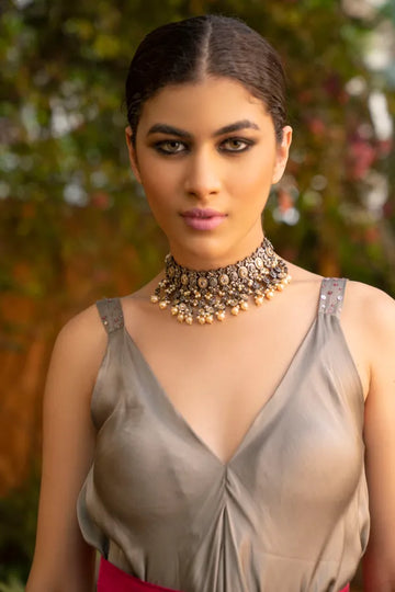 Dual Tone Zirconia Necklace With Pearls