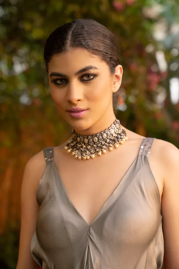 Dual Tone Zirconia Necklace With Pearls