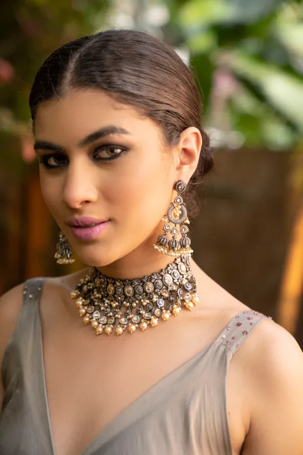 Dual Tone Zirconia Necklace With Pearls