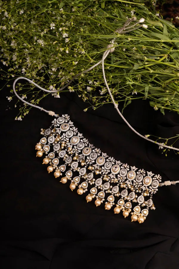 Dual Tone Zirconia Necklace With Pearls