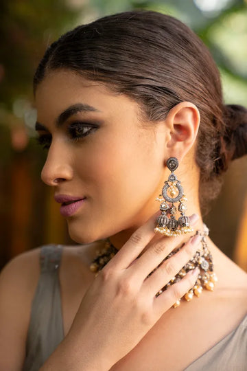 Dual Tone Zirconia Jhumki Chandbali With Pearls