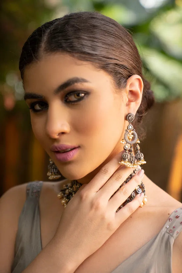 Dual Tone Zirconia Jhumki Chandbali With Pearls