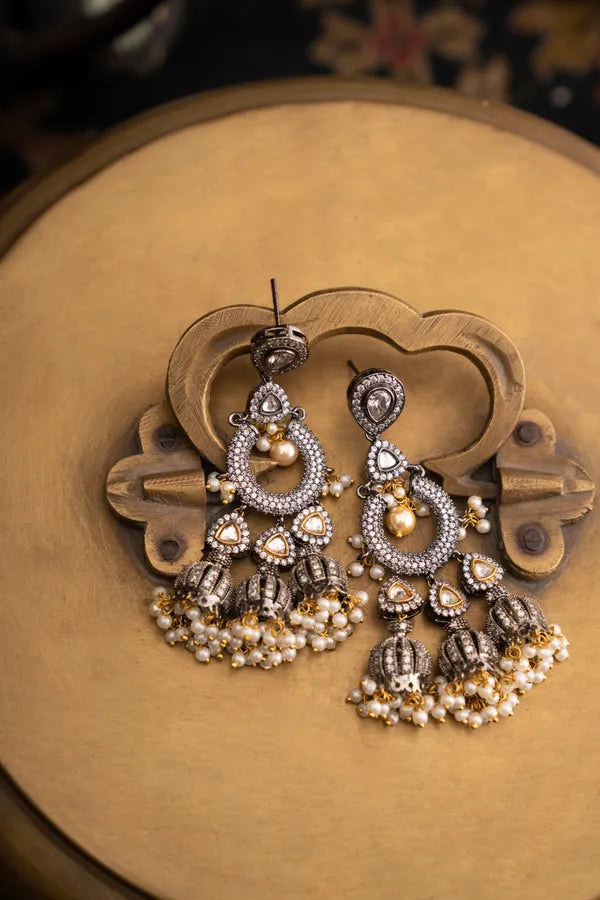Dual Tone Zirconia Jhumki Chandbali With Pearls