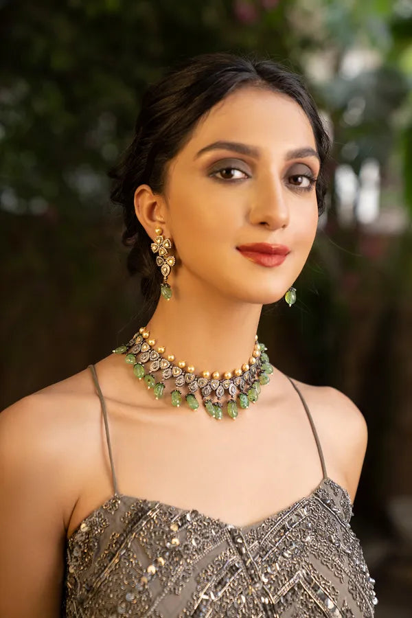 Gold & Silver Triangle Zirconia Necklace With Pearls & Green Drops