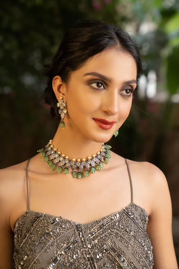 Gold & Silver Triangle Zirconia Earrings With Pearls & Green Drops