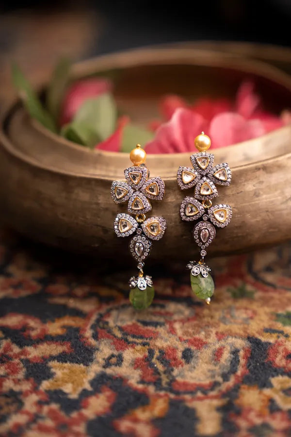 Gold & Silver Triangle Zirconia Earrings With Pearls & Green Drops
