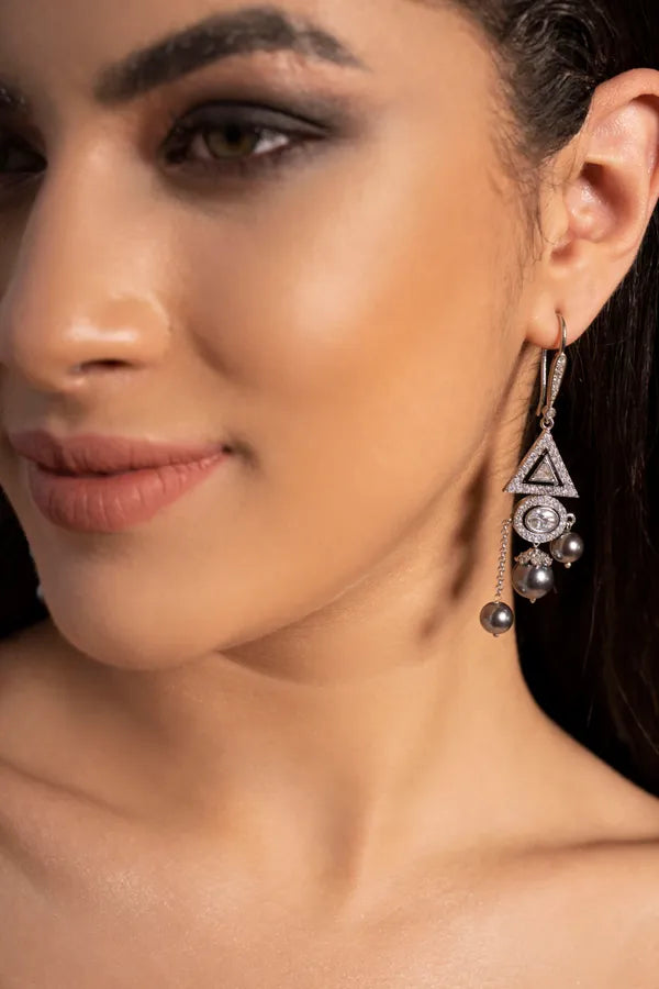 Triangle Zircon Grey Pearl Drop Dangling Earrings