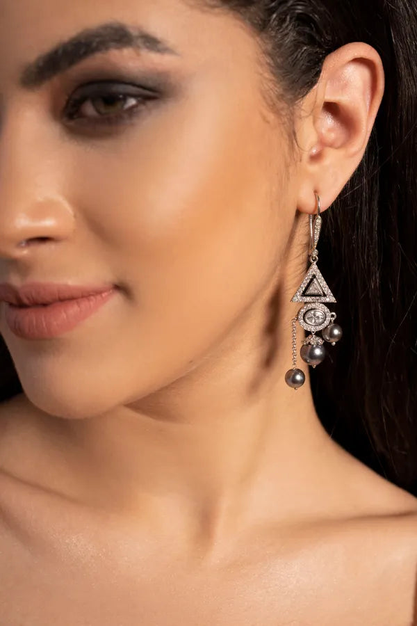 Triangle Zircon Grey Pearl Drop Dangling Earrings