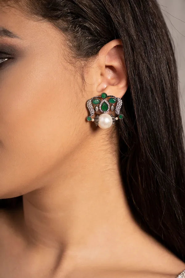 Green Zircon Earrings with Pearl