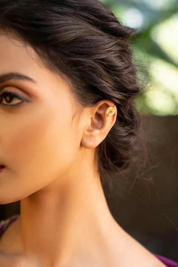 Gold Finish Pearl Kundan Earcuff Earrings