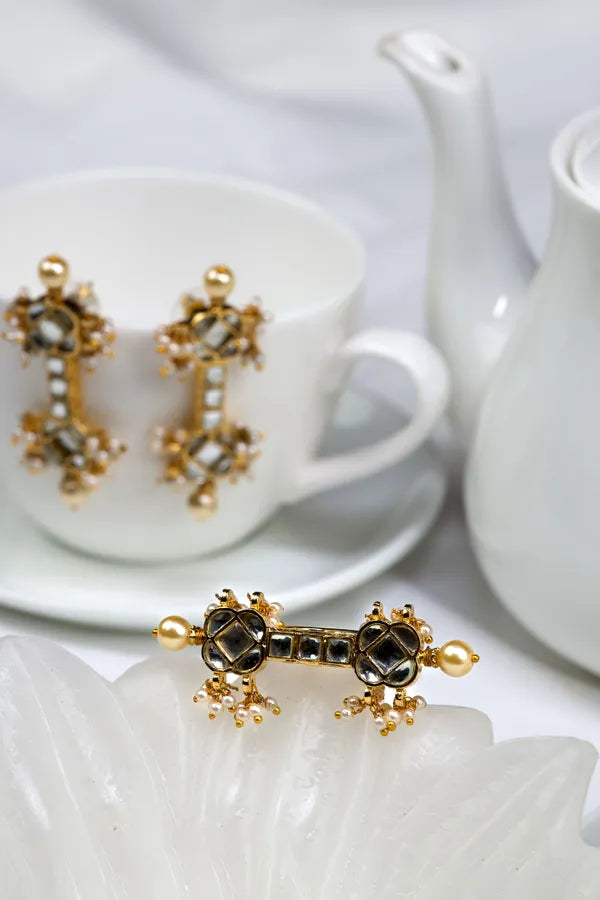 Gold & White Pearls Kundan Ring