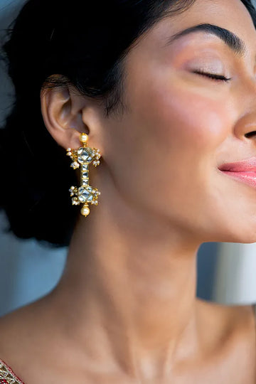 Gold & White Pearls Kundan Dangler Earrings