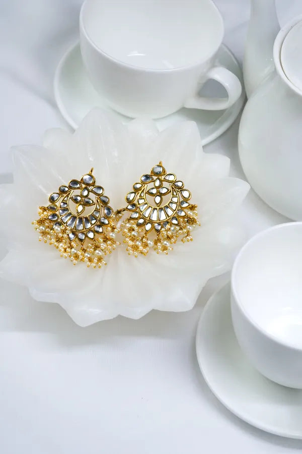 Statement Gold & White Kundan Chandbali Earrings