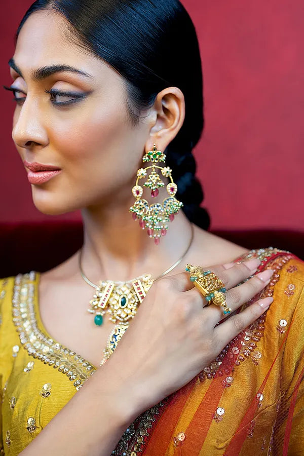 Statement Red & Green Kundan Tourmaline Drops Chandbali