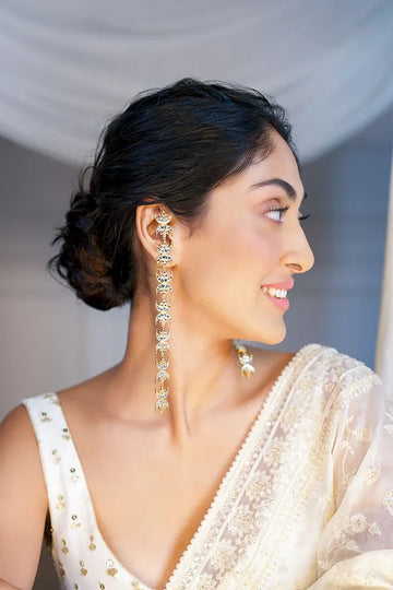 Gold & White Kundan Chand Earrings