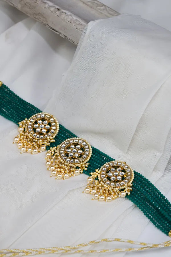 Green Beads Gold & White Kundan Choker Necklace With Pearls