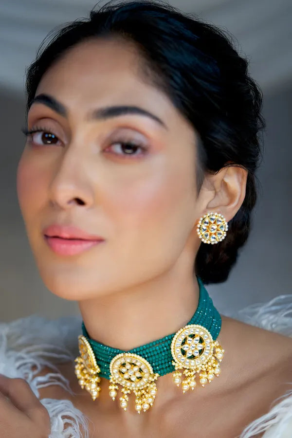 Green Beads Gold & White Kundan Choker Necklace With Pearls