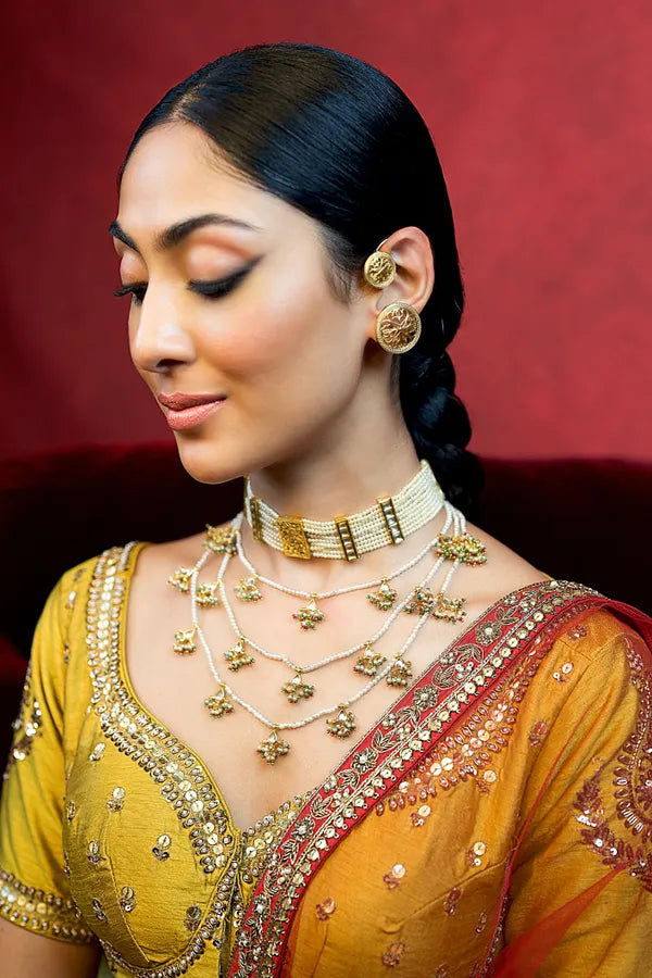 Gold & White Kundan Pearls Choker Necklace